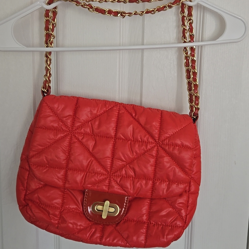 Chico's Quilted Bright Orange Shoulder Bag with Gold Chain